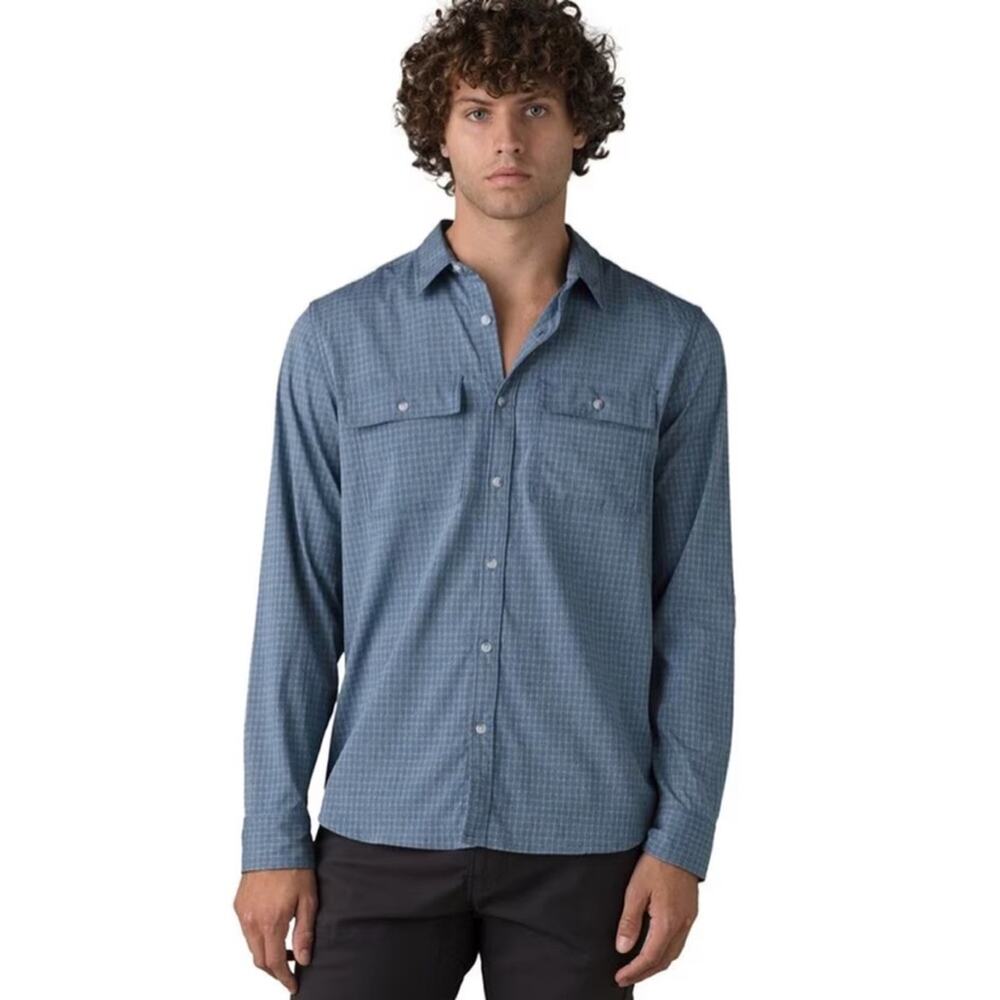 Prana Men Blue/White Two Front Pockets Button Down Long Sleeve Shirt Size L